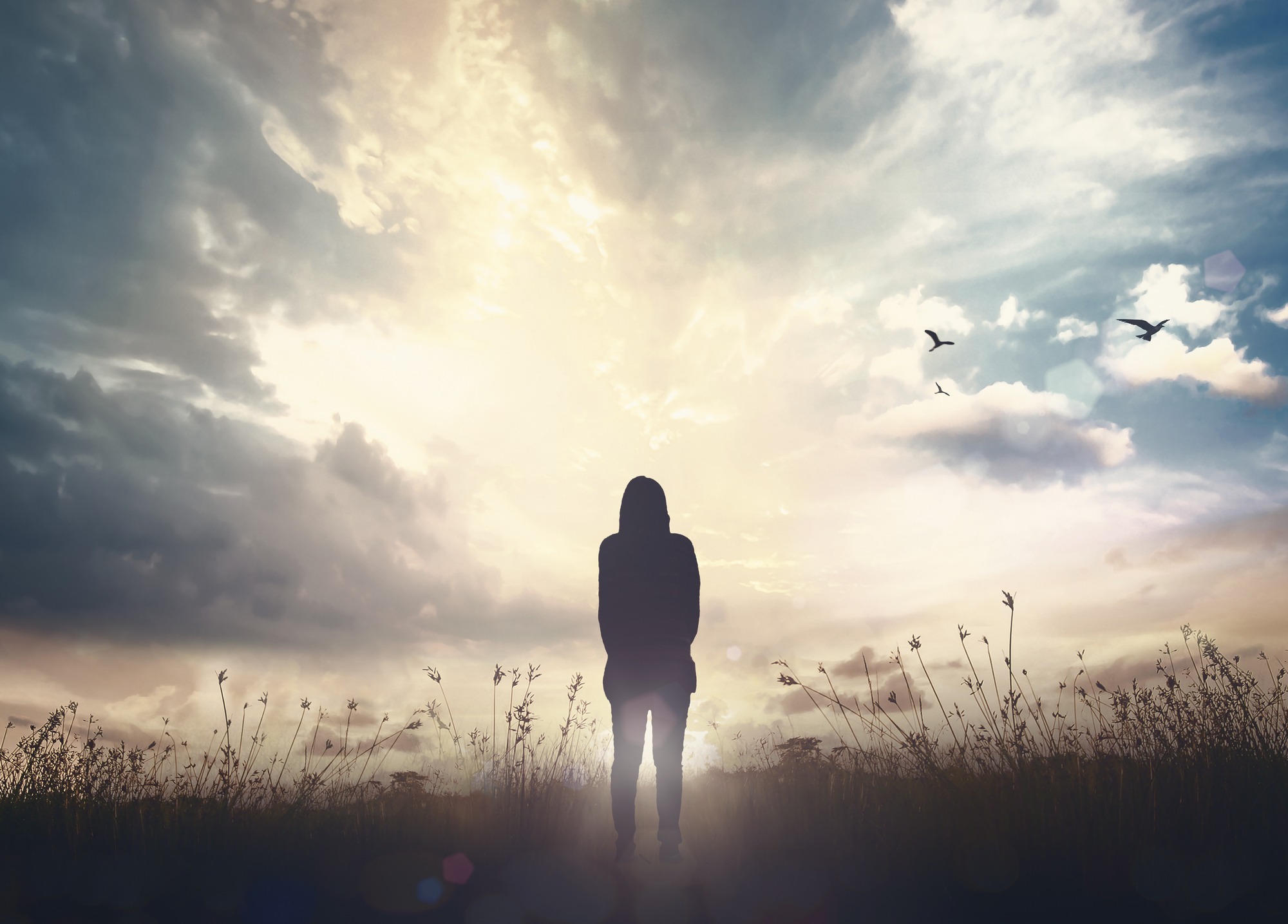 woman standing on black autumn sunset background